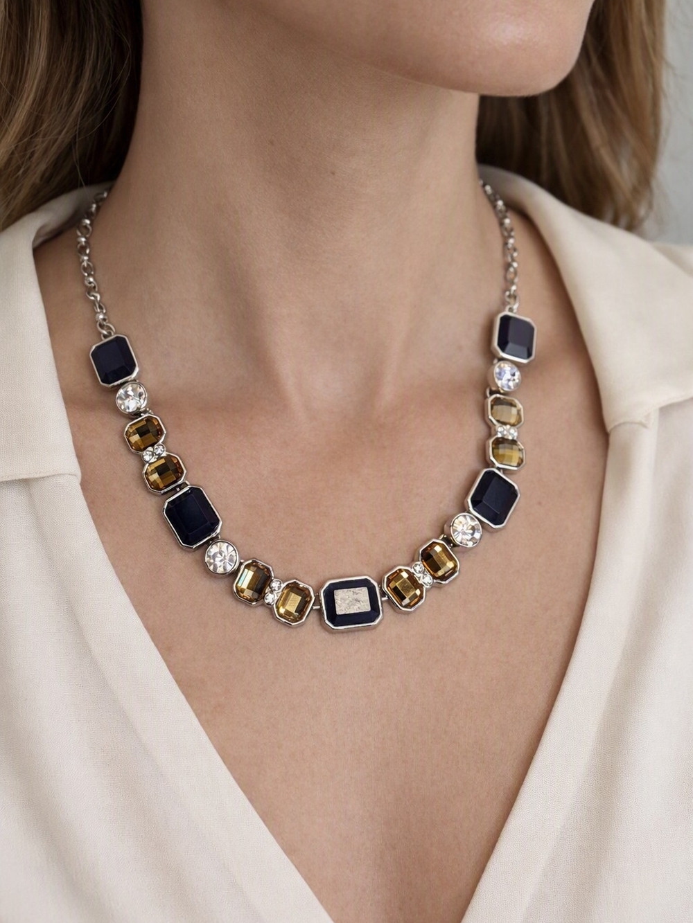 Lia Sophia Necklace Silver Tone Blue Yellow Statement Adjustable 18-20" Retired